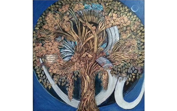 SC20 
Spiritual Tree 
Mixed media, Gold and Silver foil on canvas 
24 x 24 inches 
Unavailable (Can be commissioned)